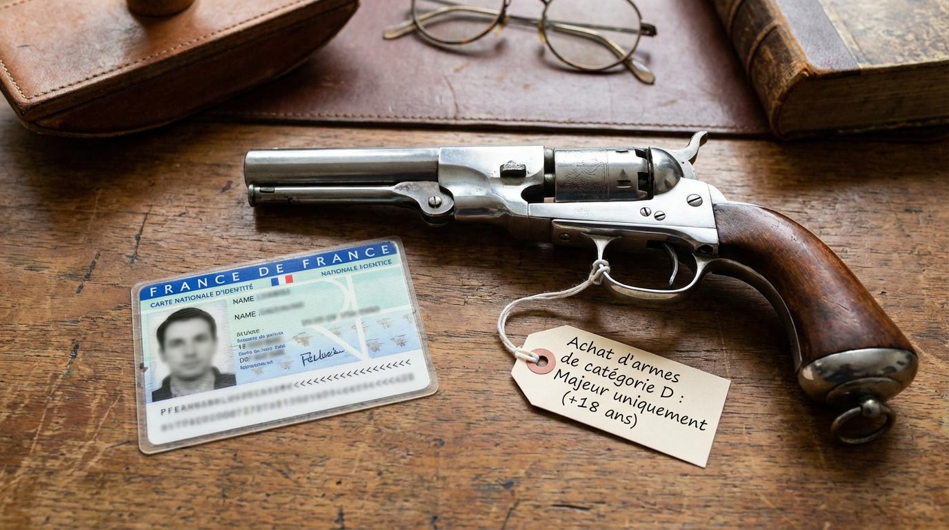 Carte d'identité et pistolet ancien symbolisant la vente libre aux majeurs