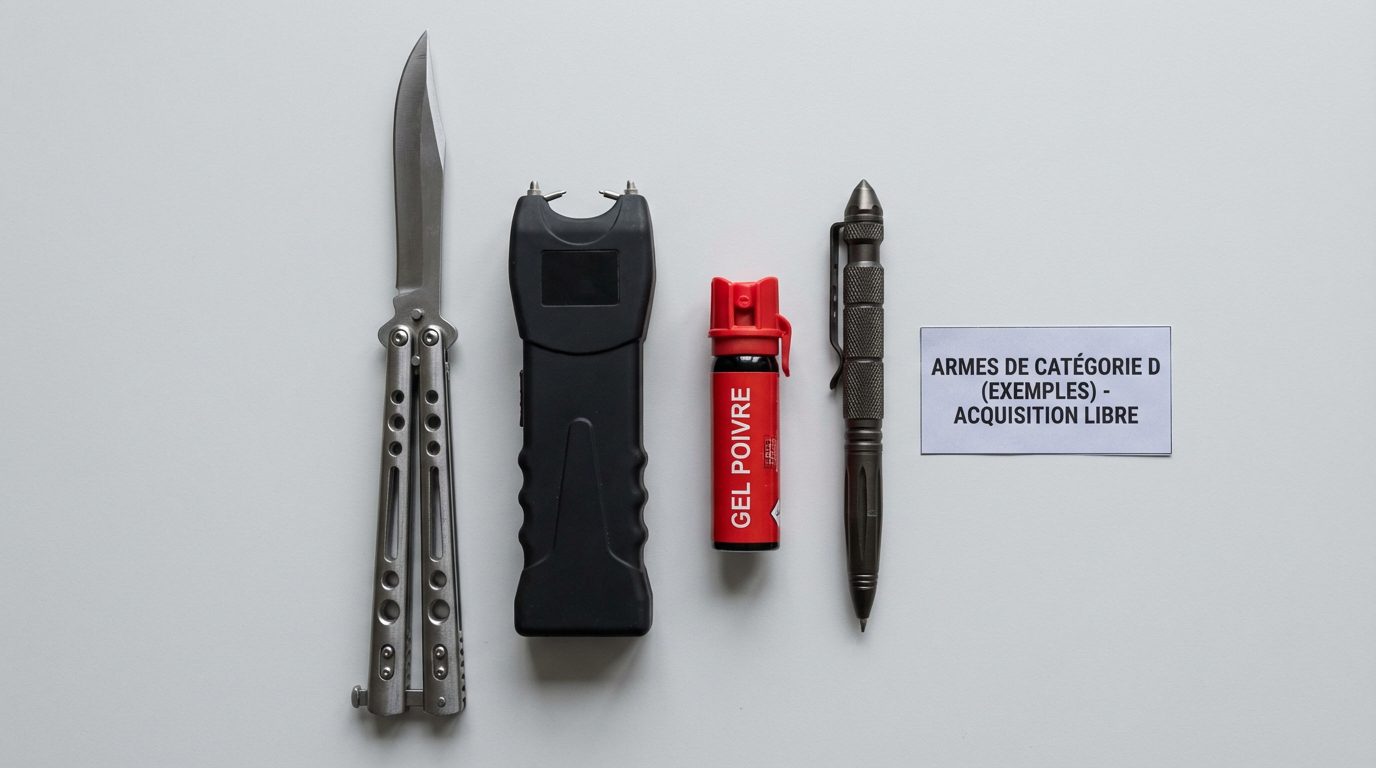 Différents types d'armes de catégorie D : couteau papillon, shocker électrique et spray de défense