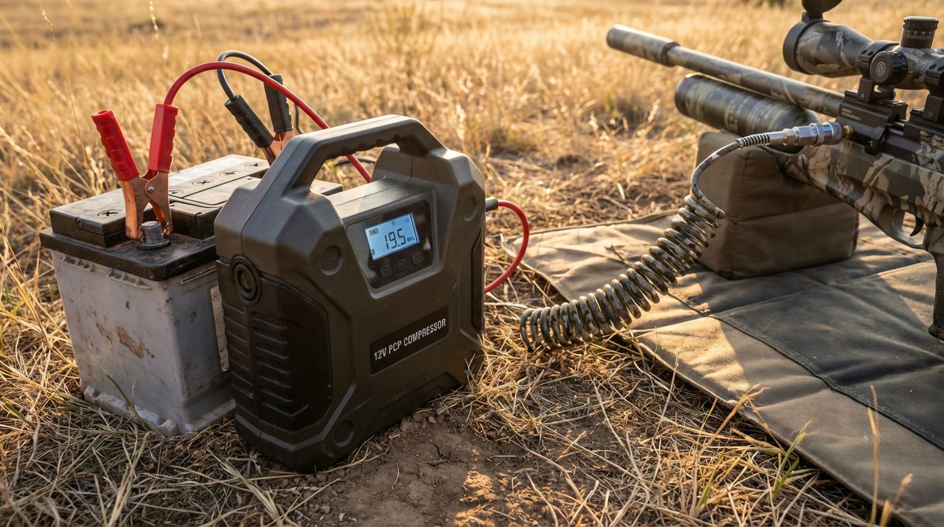 Compresseur PCP 12V branché sur batterie de voiture en extérieur