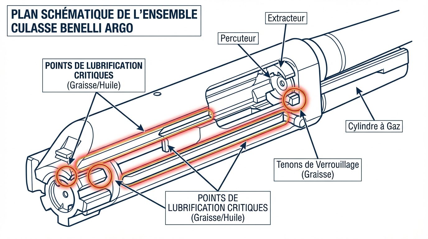 Schéma des points de lubrification culasse Benelli Argo