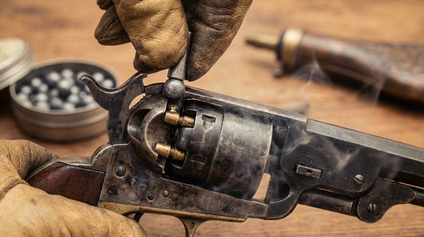 Chargement d'un revolver à poudre noire avec des balles en plomb