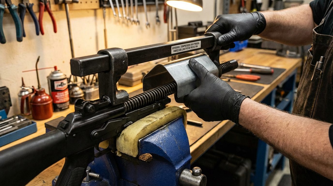 Utilisation compresseur de ressort pour sécurité démontage