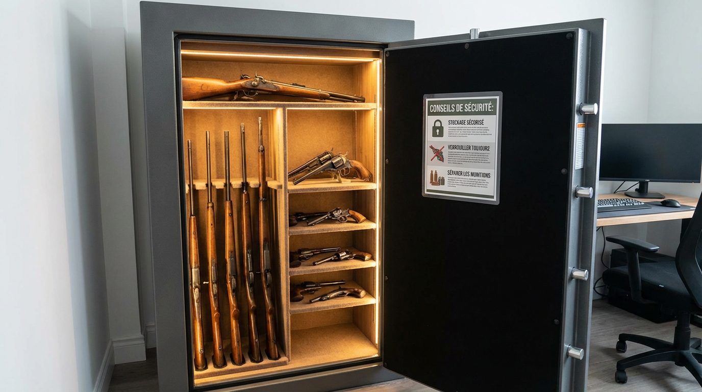 Coffre-fort ouvert contenant des armes de collection sécurisées