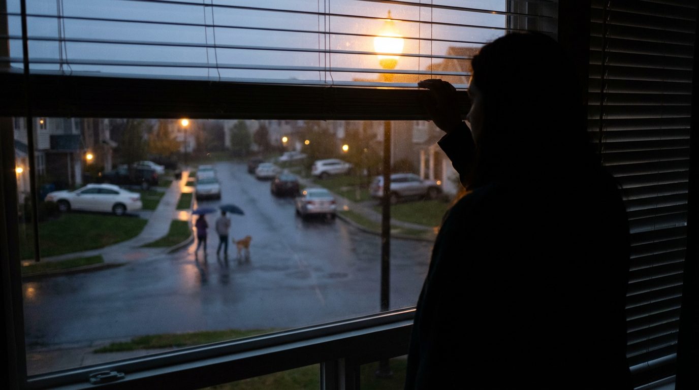 Voisin vigilant surveillant la rue à travers les stores
