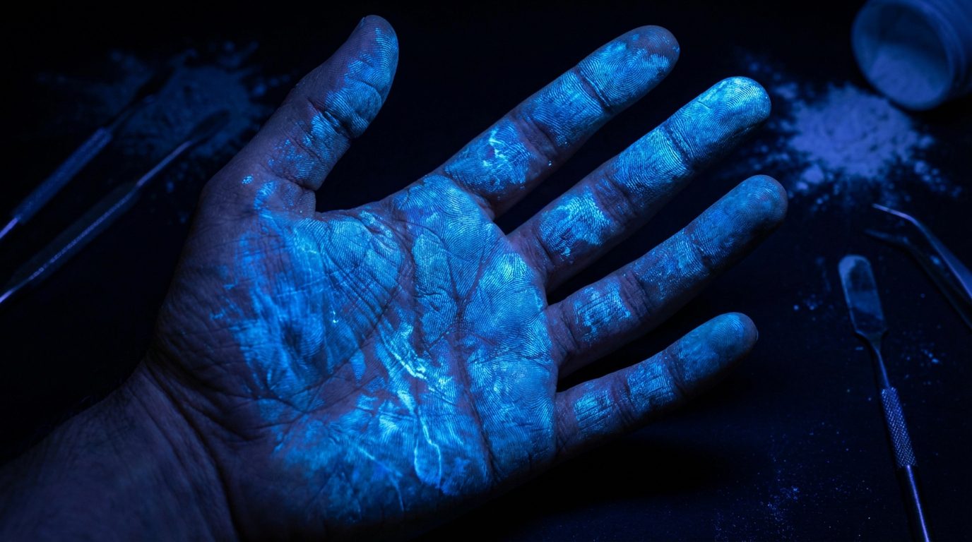 Main révélant des traces fluorescentes sous lampe UV
