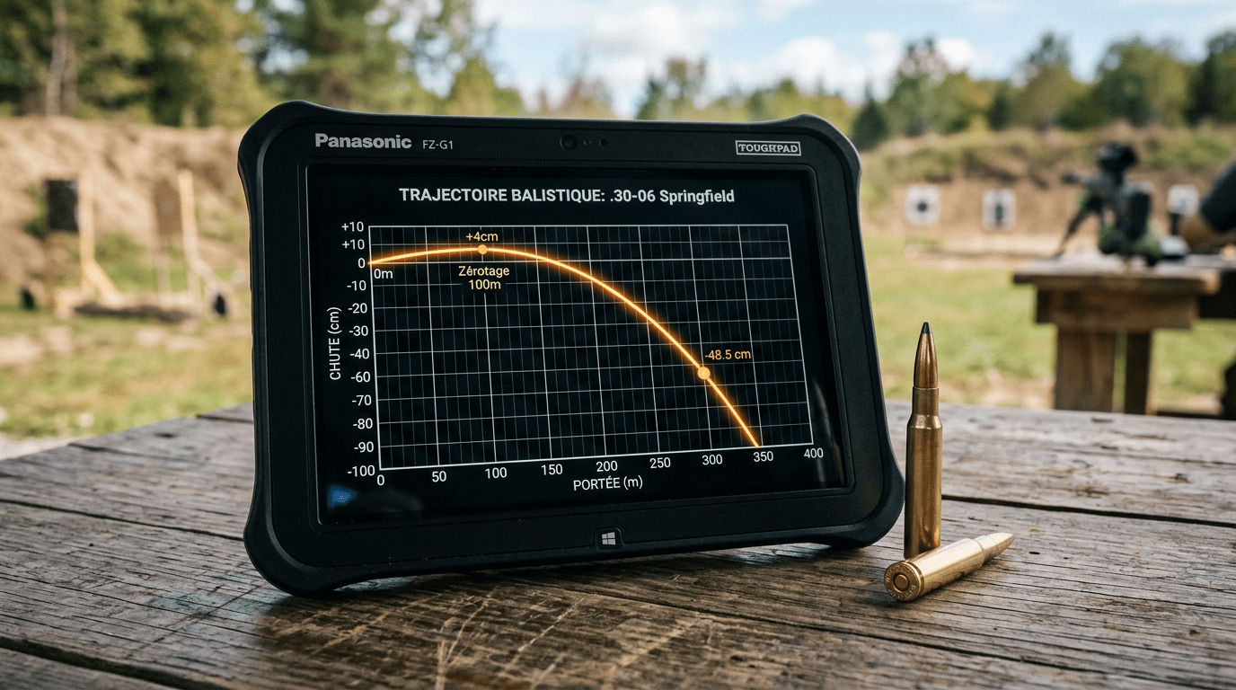 Abaque balistique numérique affichant la chute d'une balle .30-06