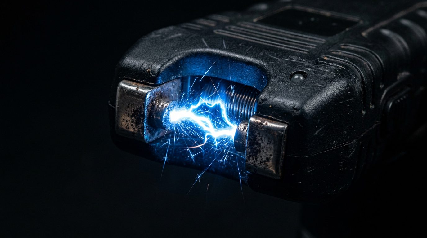 Arc électrique bleu intense entre les électrodes d'un shocker de contact