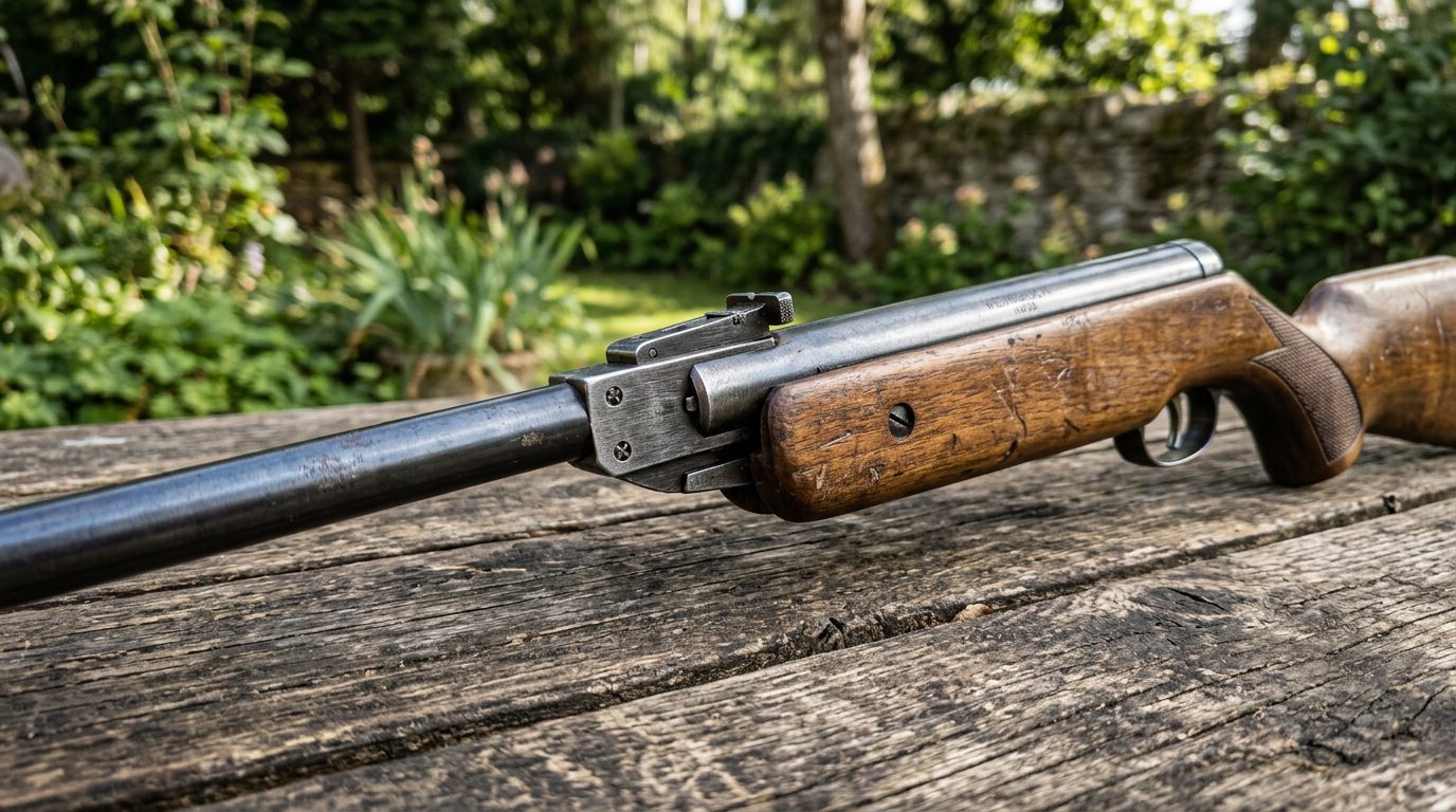 Carabine à air comprimé posée sur une table en bois