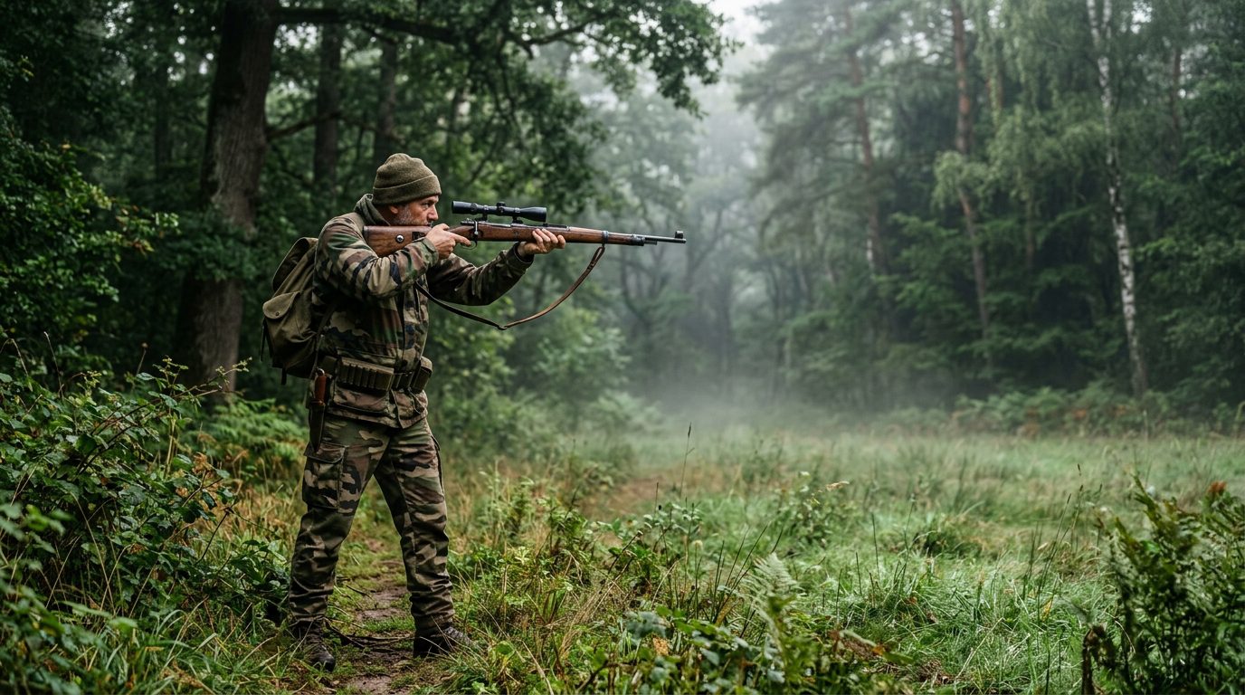 Chasseur à l'approche visant avec sa carabine en lisière de forêt