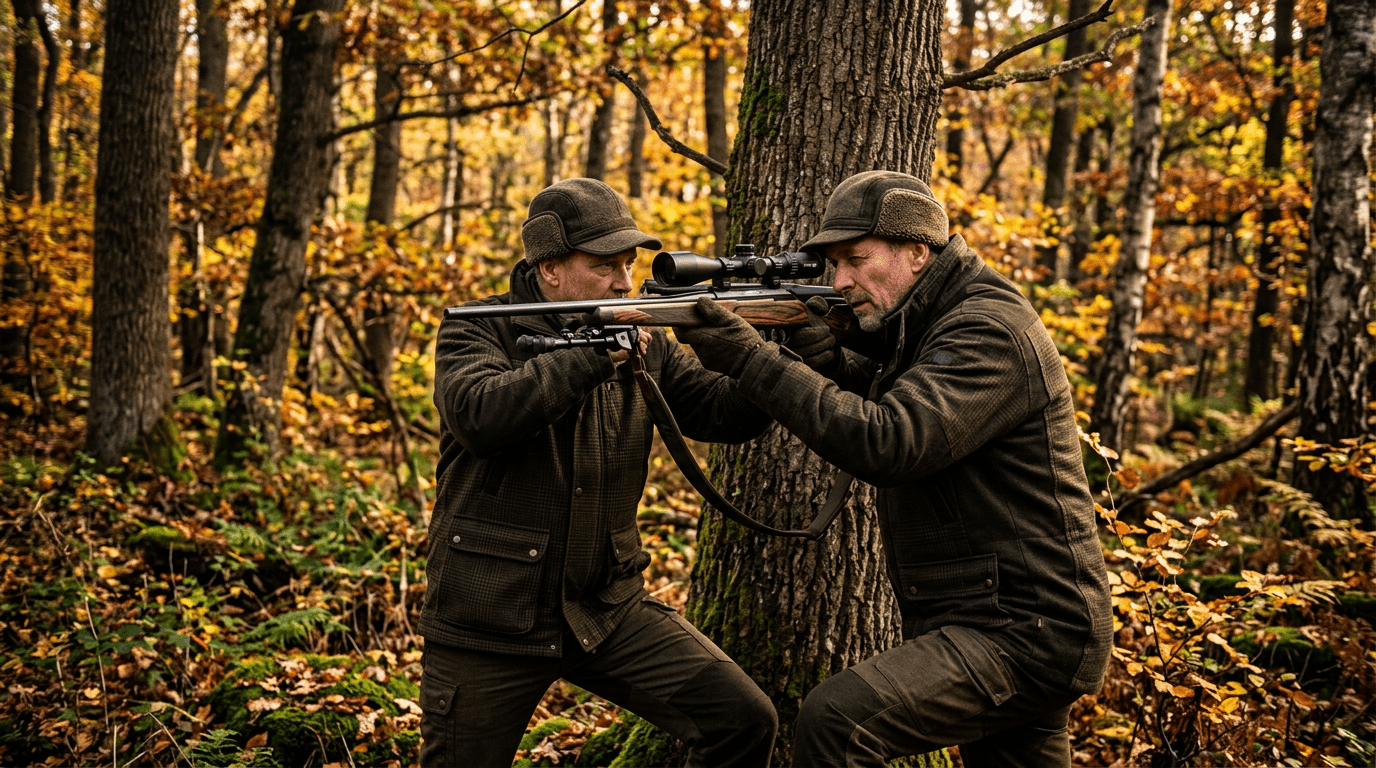 Chasseur en forêt observant à travers la lunette de sa carabine