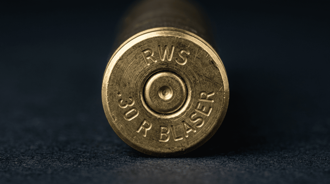 Gros plan sur le culot à bourrelet d'une douille .30 R Blaser