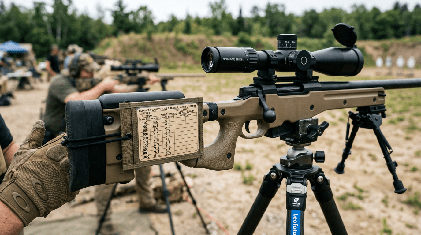 Dope card fixée sur la crosse d'une carabine de précision pour la lecture des données balistiques