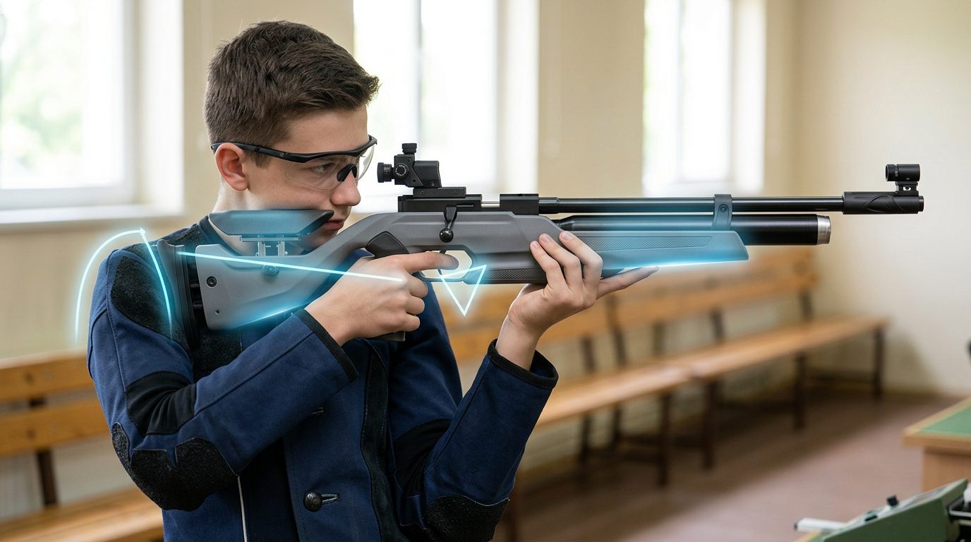 Schéma ergonomique d'une carabine à plomb pour enfant montrant la longueur de crosse