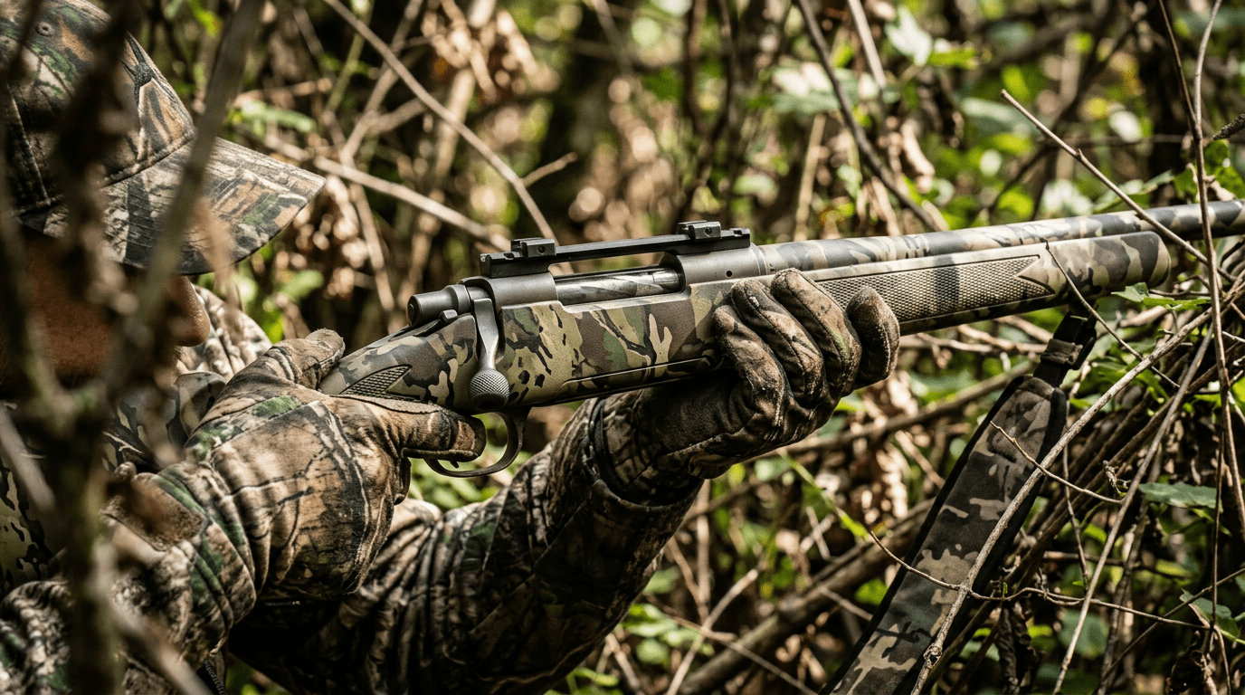 Détail du boîtier et du camouflage Mossy Oak du Remington R25 en action de chasse