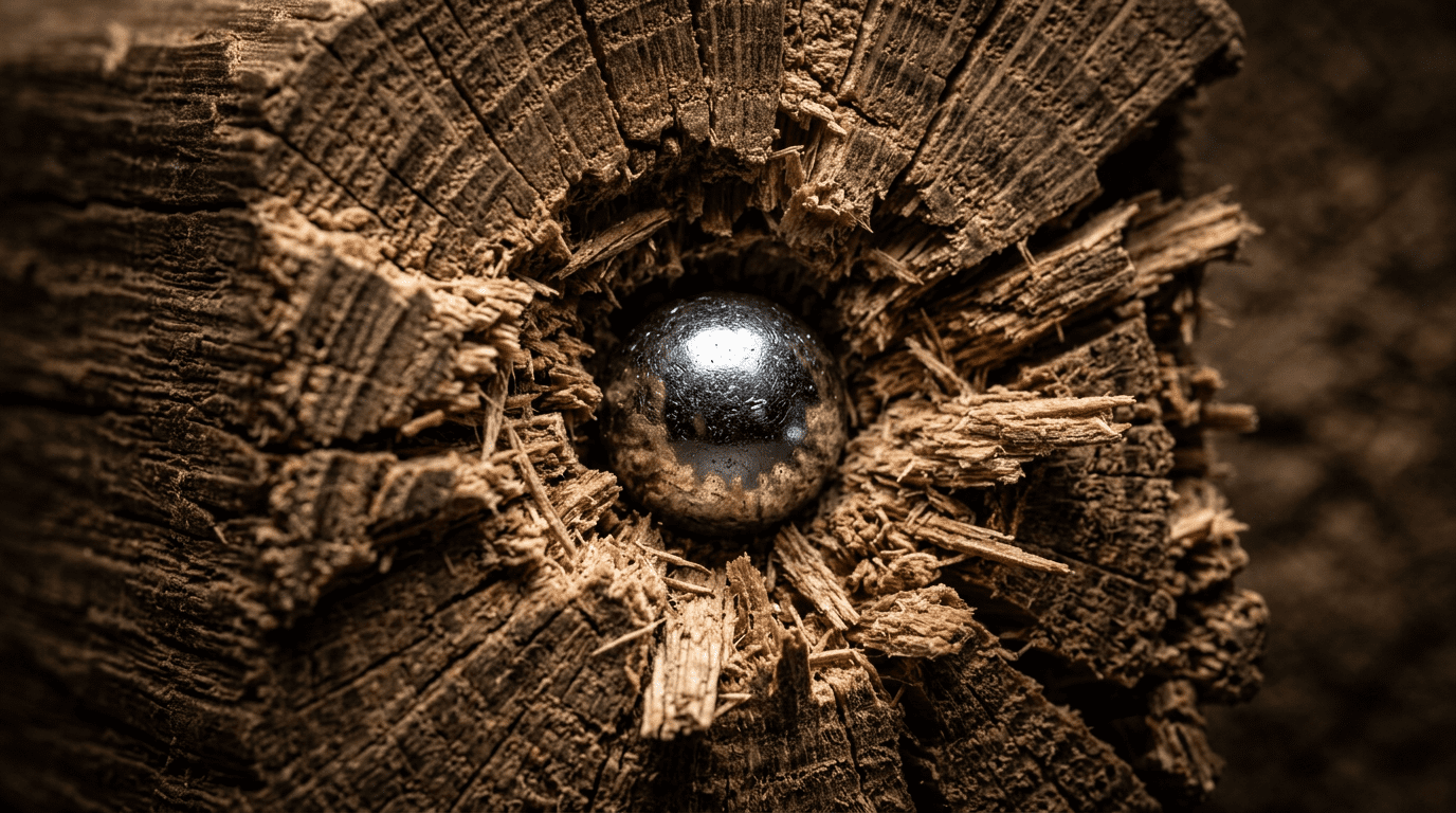 Impact profond d'une bille d'acier dans une planche de bois