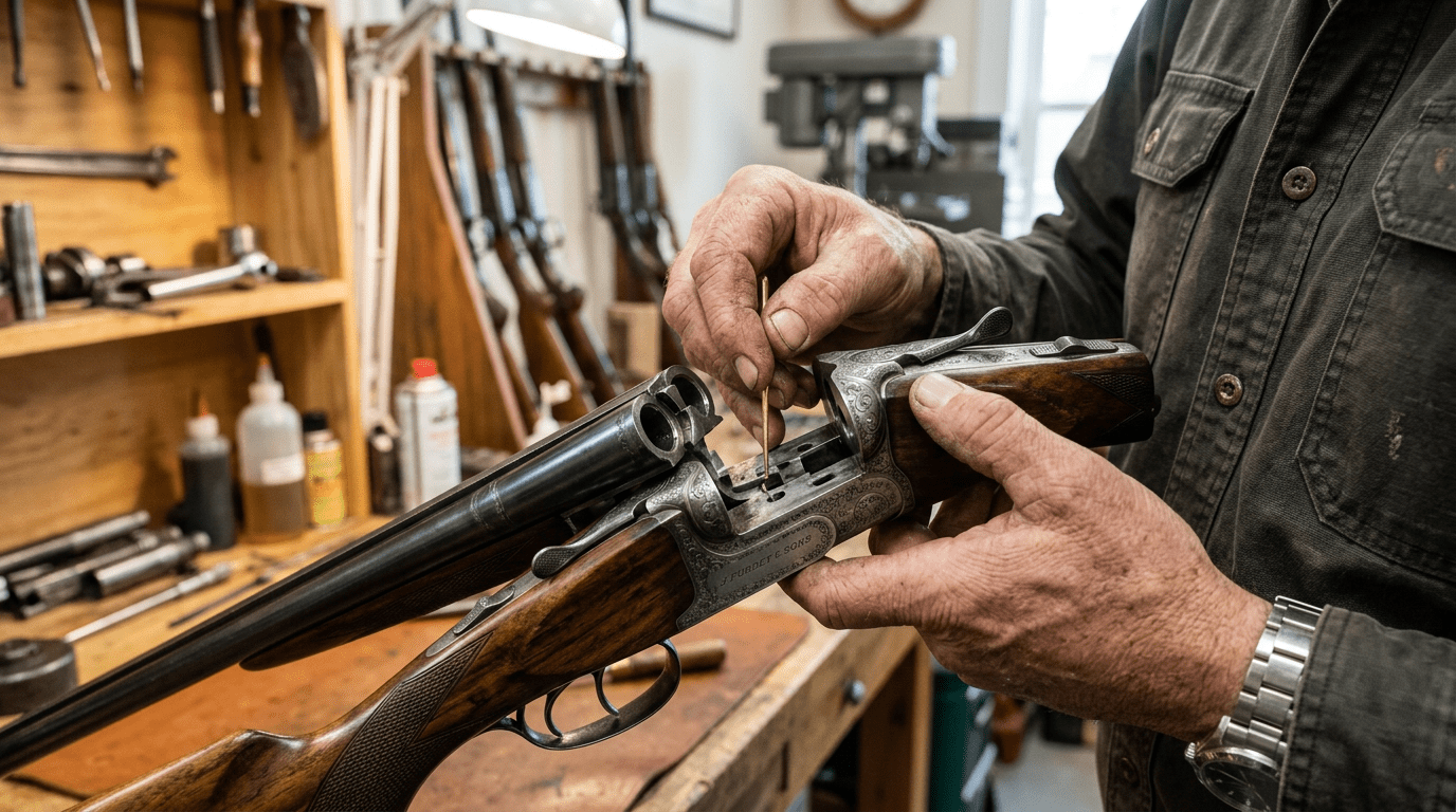 Armurier professionnel inspectant la bascule et les canons d'un fusil d'occasion