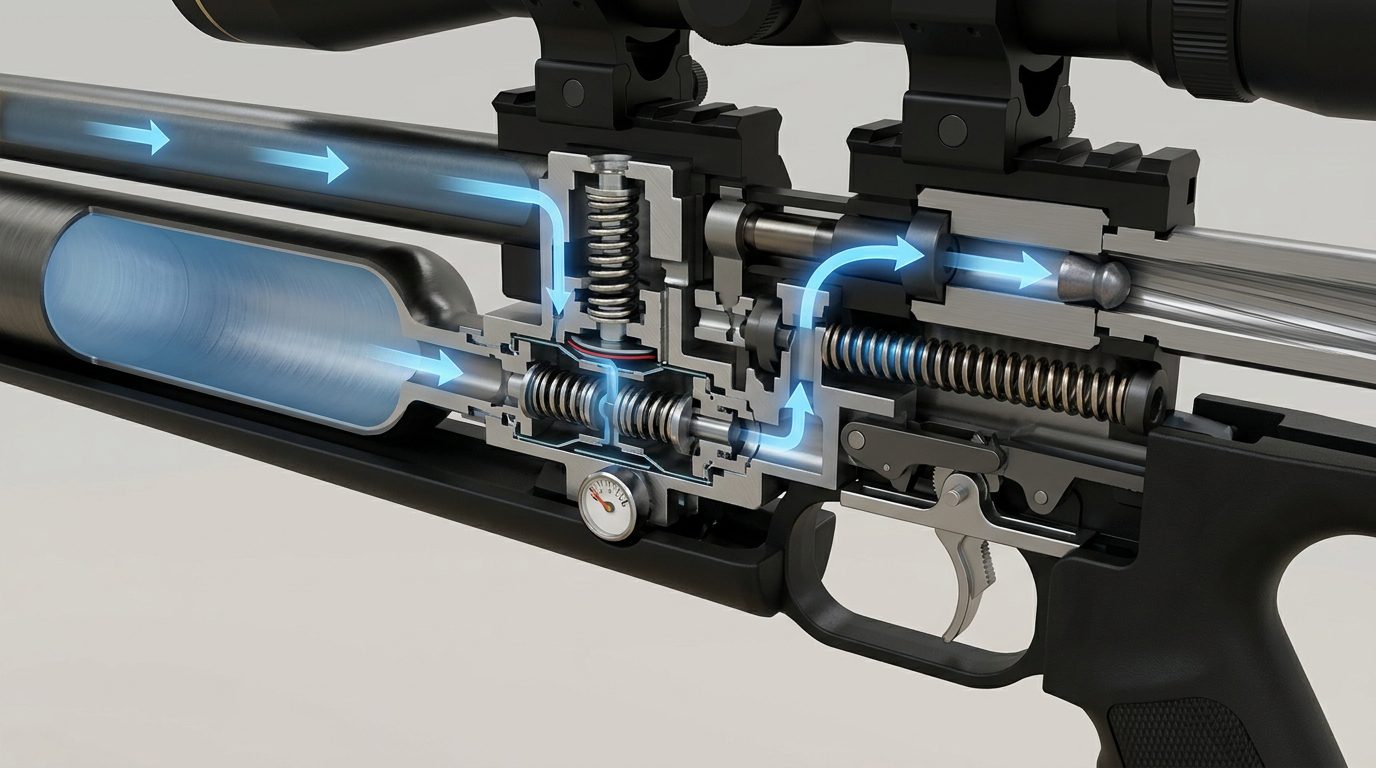 Schéma technique du mécanisme PCP et du régulateur de pression d'une carabine