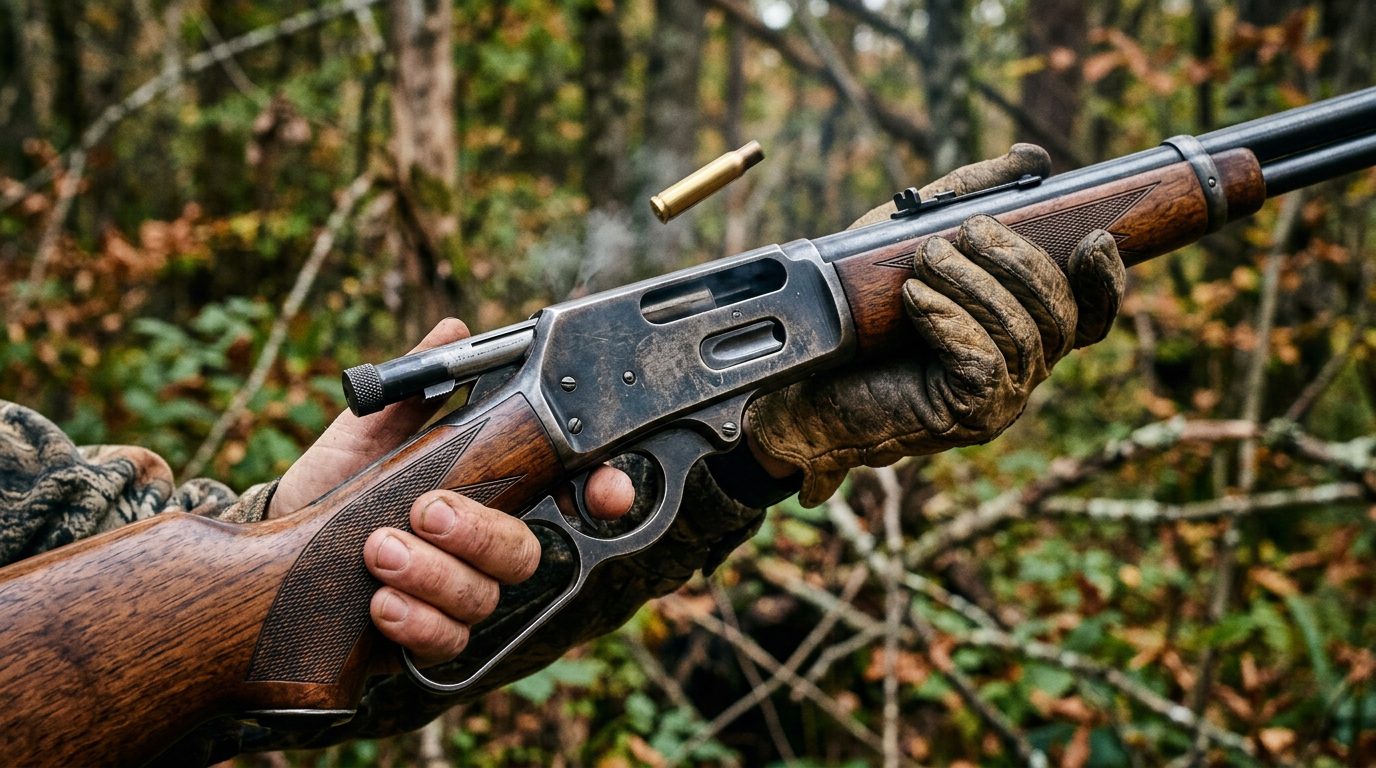 Gros plan sur le réarmement rapide d'une carabine à levier sous garde en pleine action de chasse
