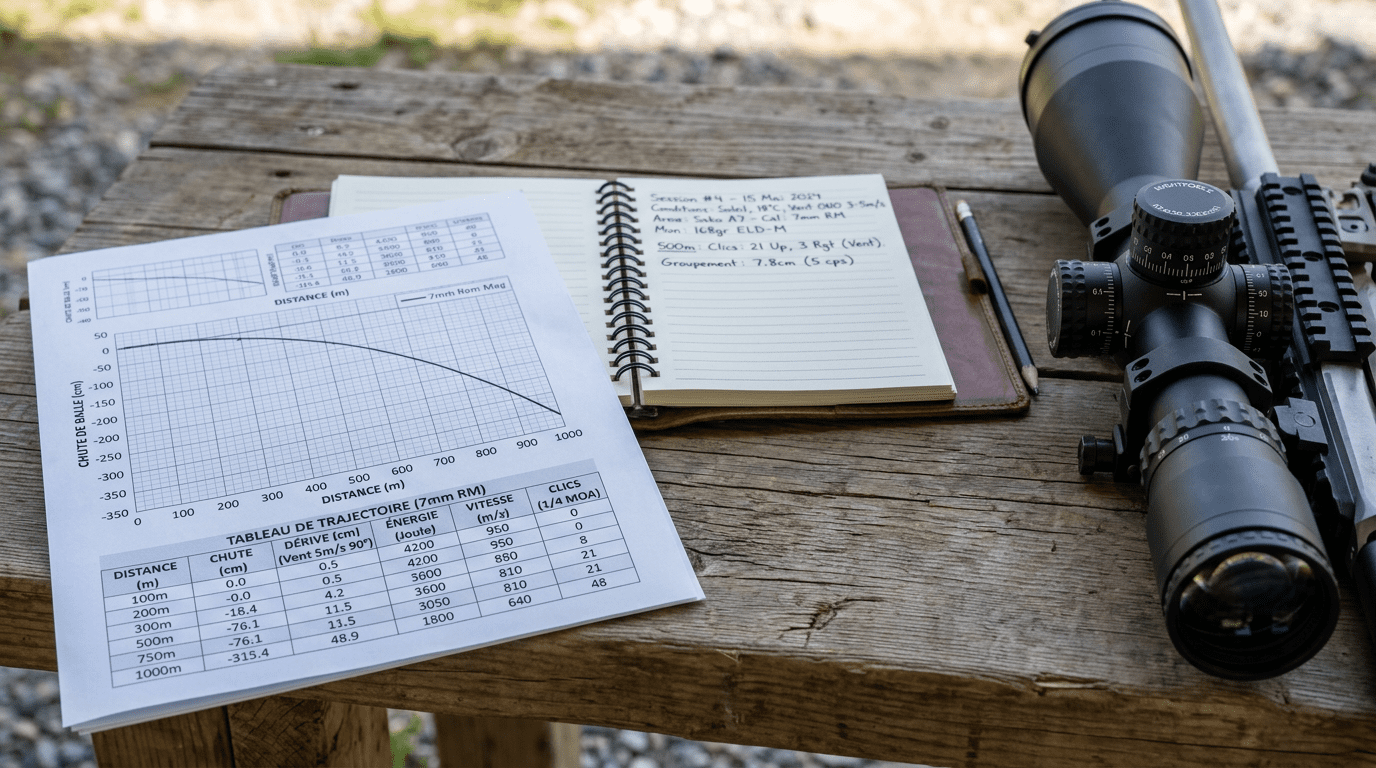 Tableau balistique et carnet de tir à côté d'une lunette de visée