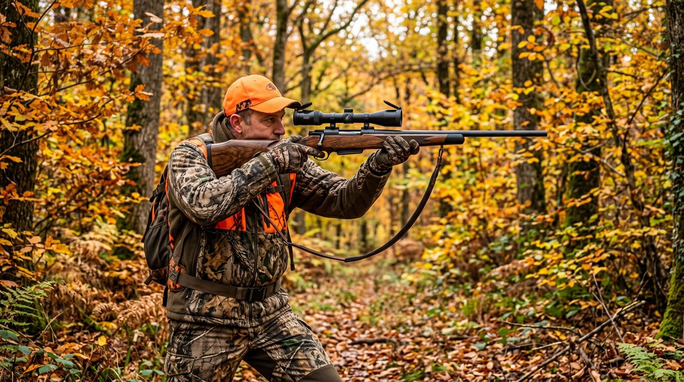 Tireur épaulant une carabine Browning Bar MK3 en forêt