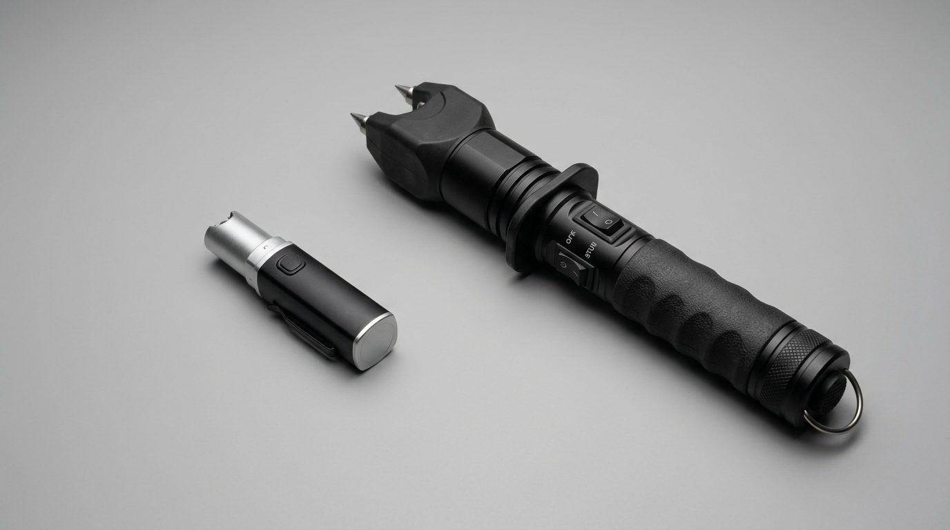 Comparaison de taille entre un mini shocker discret et une matraque électrique