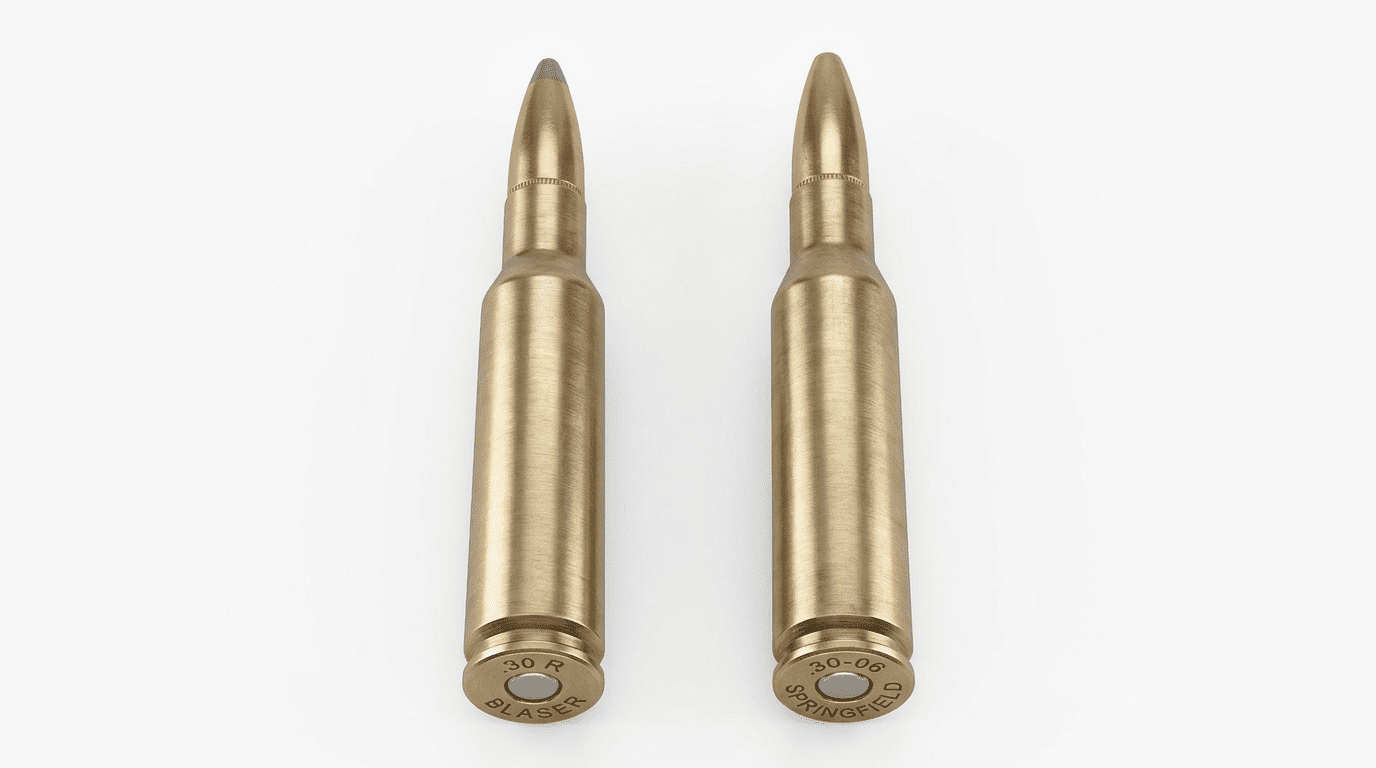 Comparaison visuelle entre la cartouche .30 R Blaser et le .30-06 Springfield