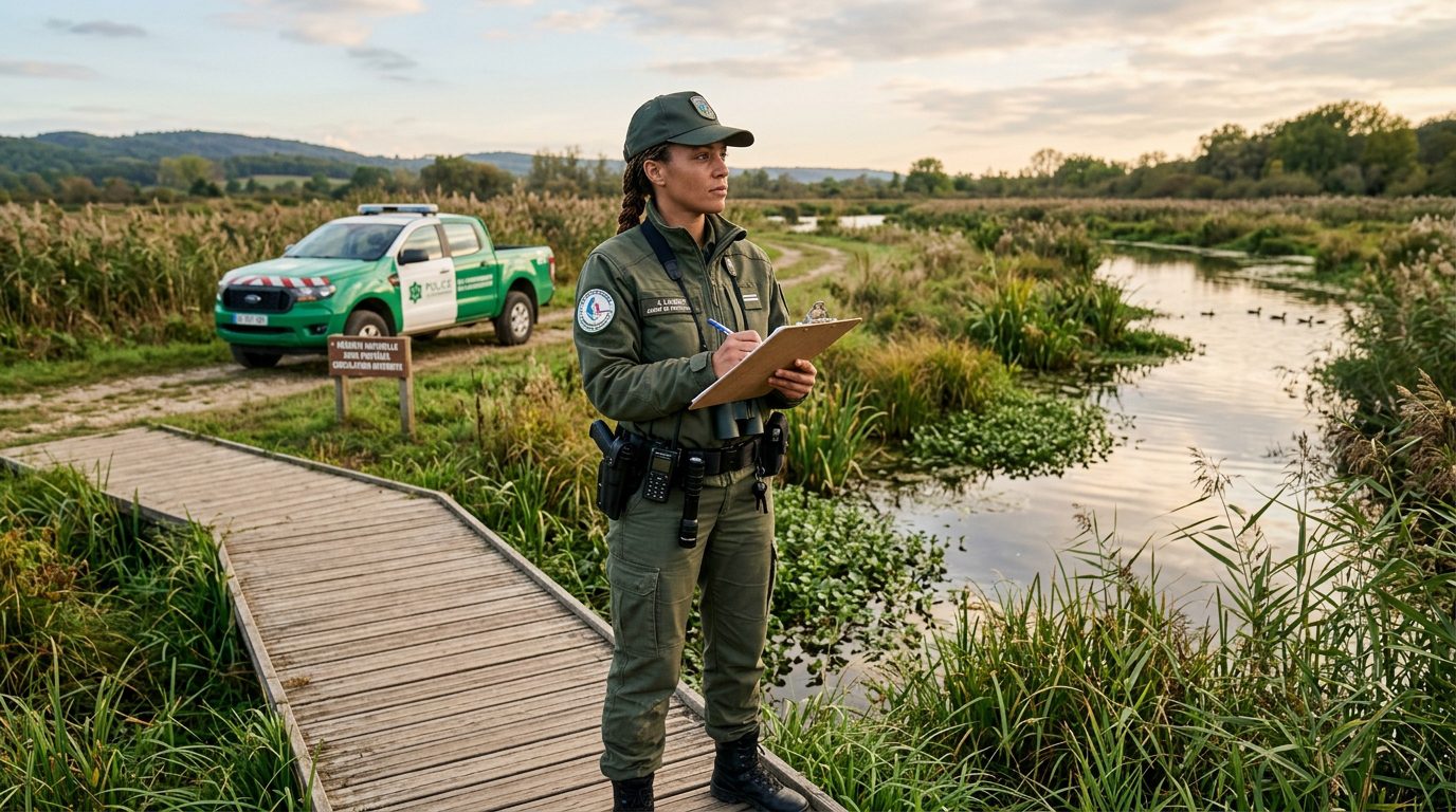 Agent de l'environnement effectuant un contrôle près d'une zone humide