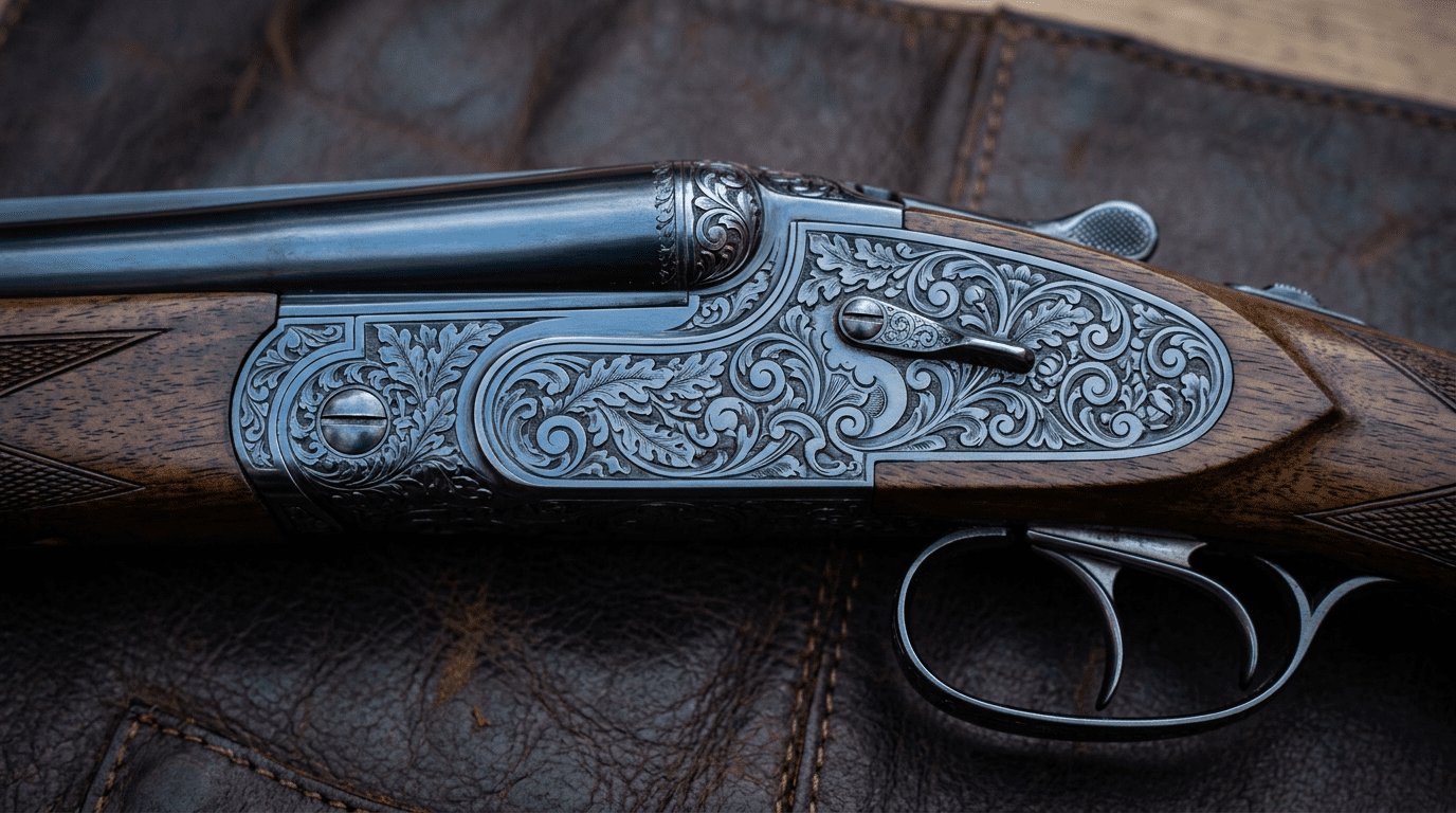 Détail des gravures luxueuses sur la platine d'un fusil de grande marque