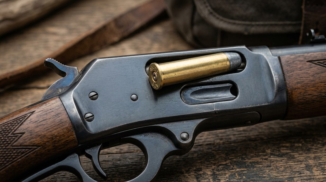 Détail du boîtier robuste d'une carabine Marlin 1895 et de sa munition calibre 45-70 Government