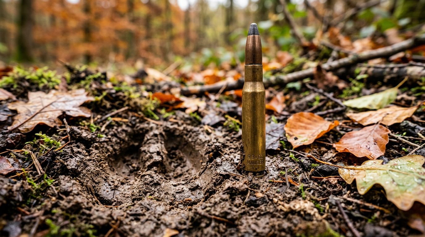 Munition de chasse 9.3x62 posée près d'une empreinte de sanglier