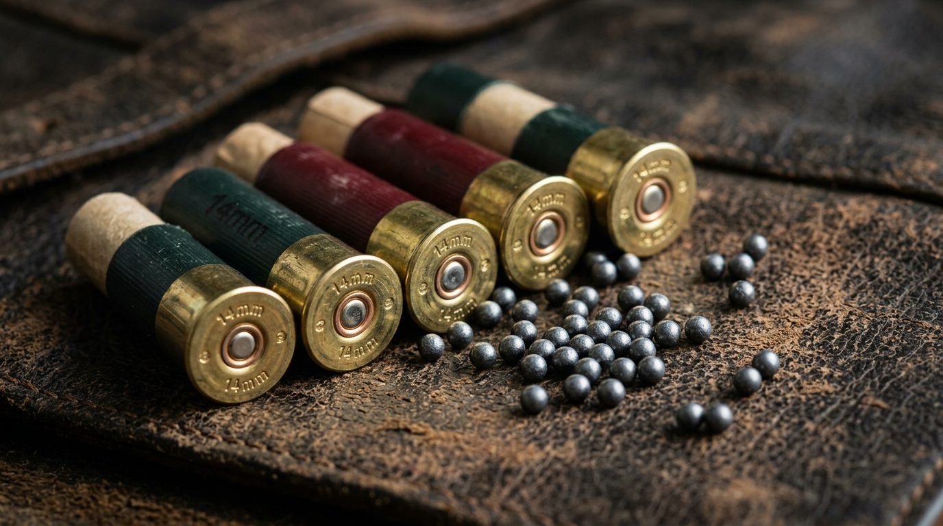 Cartouches 14 mm et plombs numéro 8 et 9 sur fond en cuir