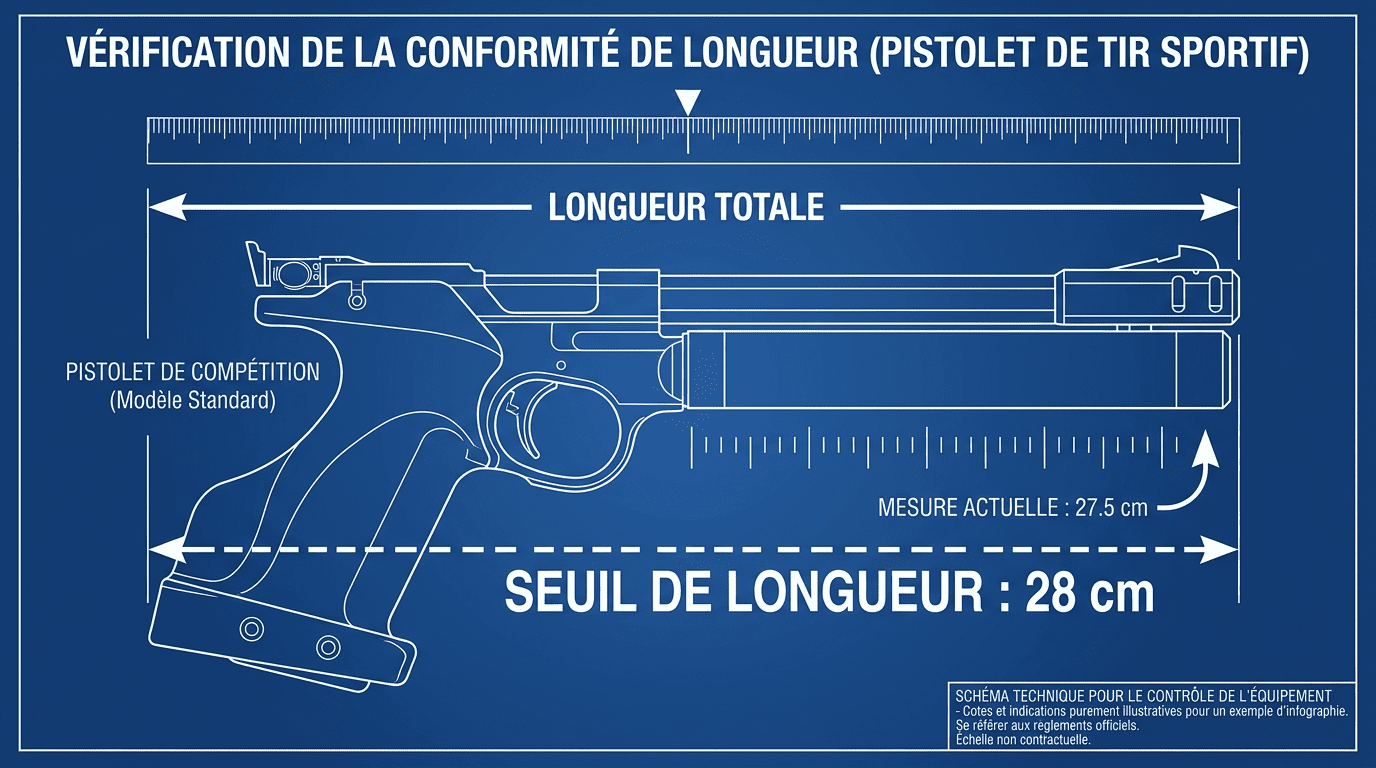 Schéma mesure longueur canon pistolet 28cm