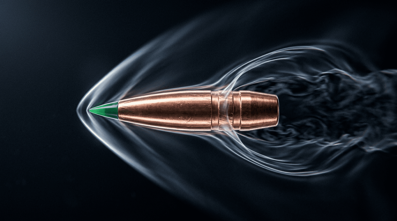 Modélisation 3D d'une balle boat-tail en vol montrant l'aérodynamisme