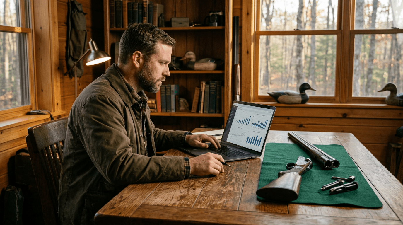 Chasseur consultant la cote des armes sur un ordinateur portable