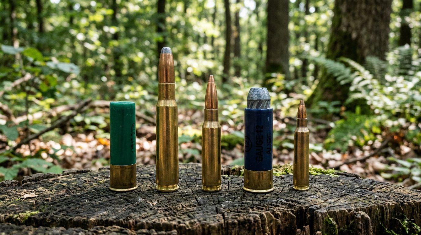 Différents calibres de chasse alignés : balle de fusil calibre 12 et munitions de carabine