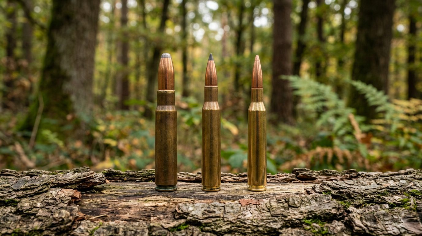 Munitions de calibres 30-06 et 9.3x62 sur une souche
