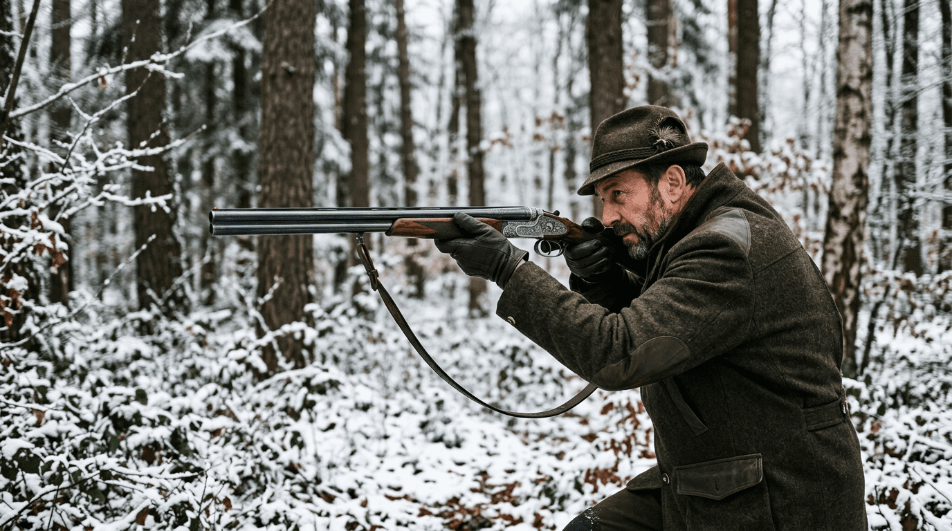 Chasseur en battue visant avec une carabine express