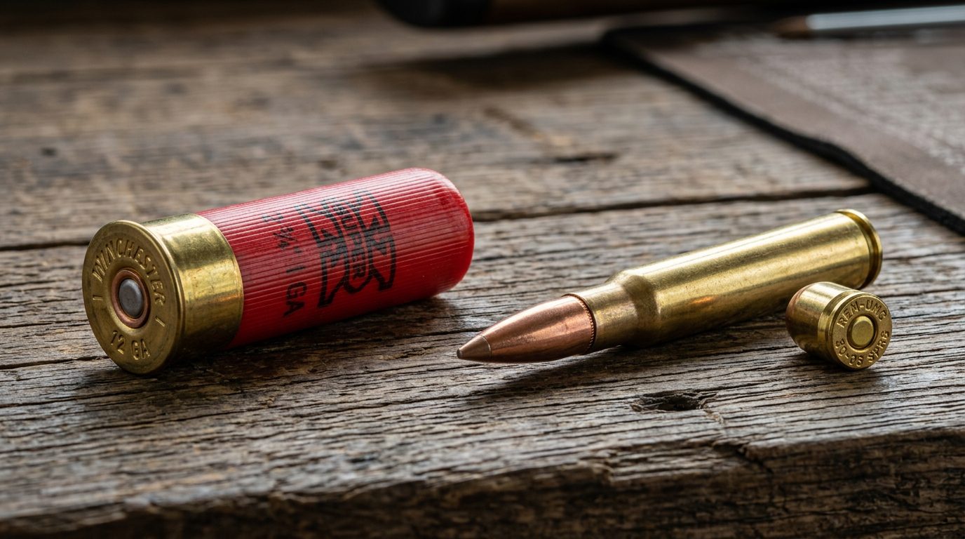 Cartouche de calibre 12 à côté d'une munition métallique de carabine