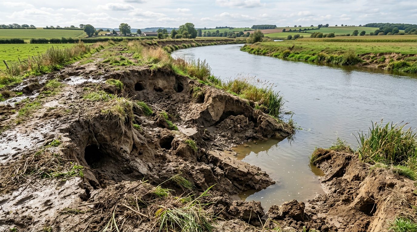 Berge sévèrement érodée et effondrée à cause des galeries de ragondins
