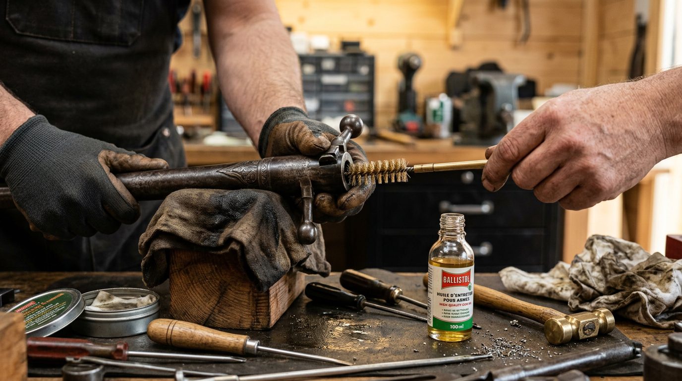 Nettoyage minutieux du canon d'une carabine 14 mm avec un écouvillon