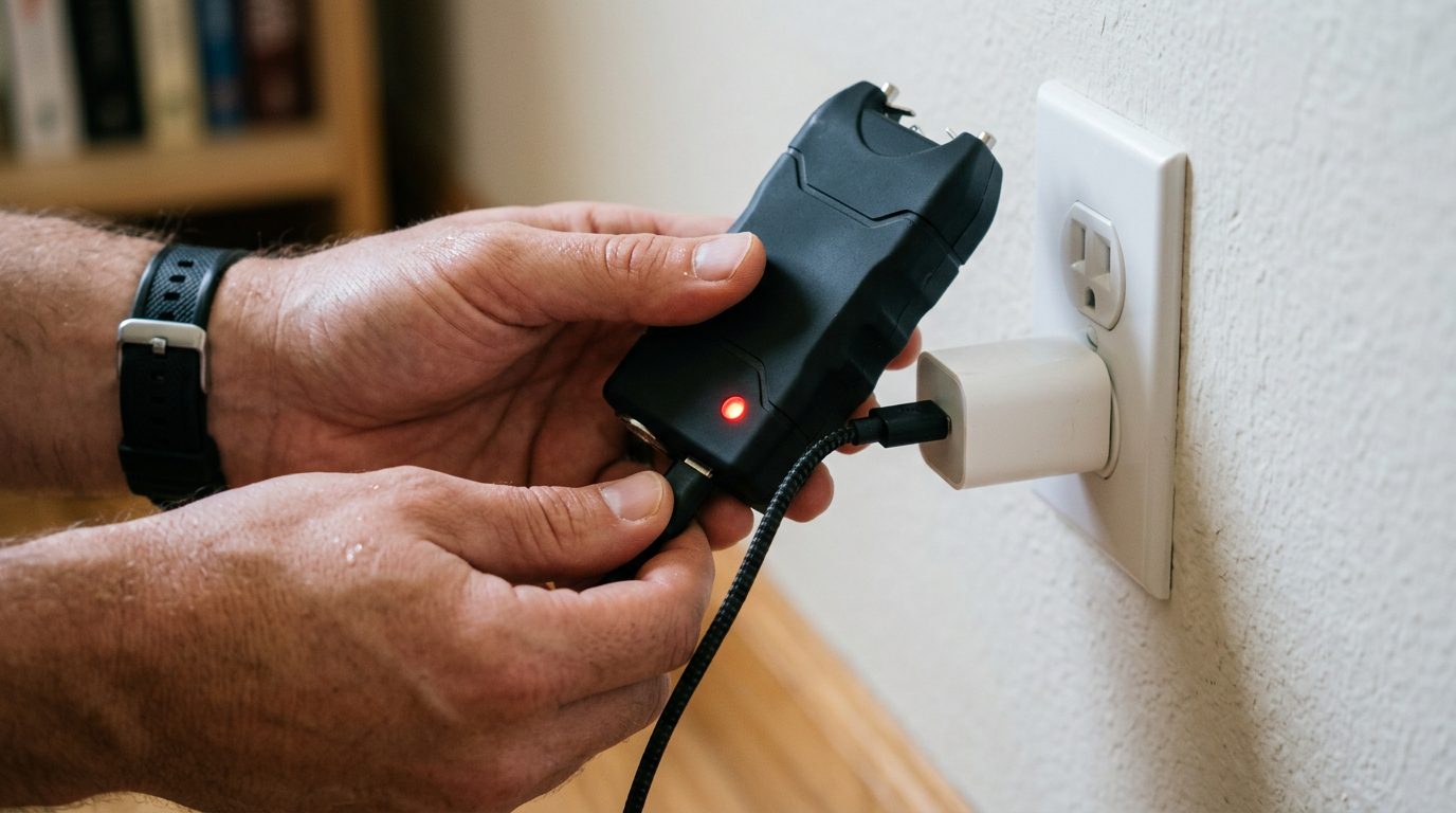 Recharge d'un taser de poche sur une prise murale pour l'entretien de la batterie