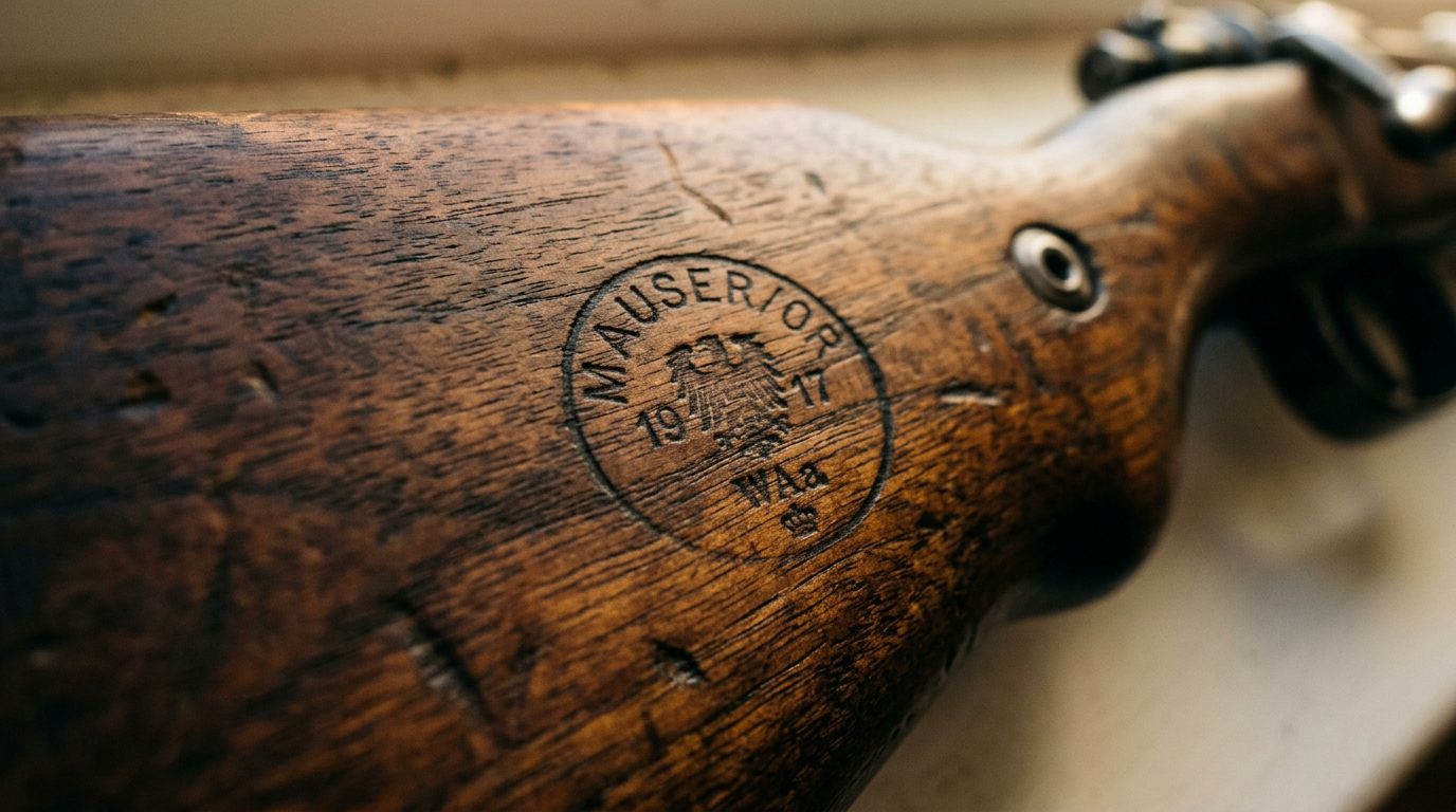 Poinçon d'inspection militaire estampillé sur la crosse en noyer d'une carabine