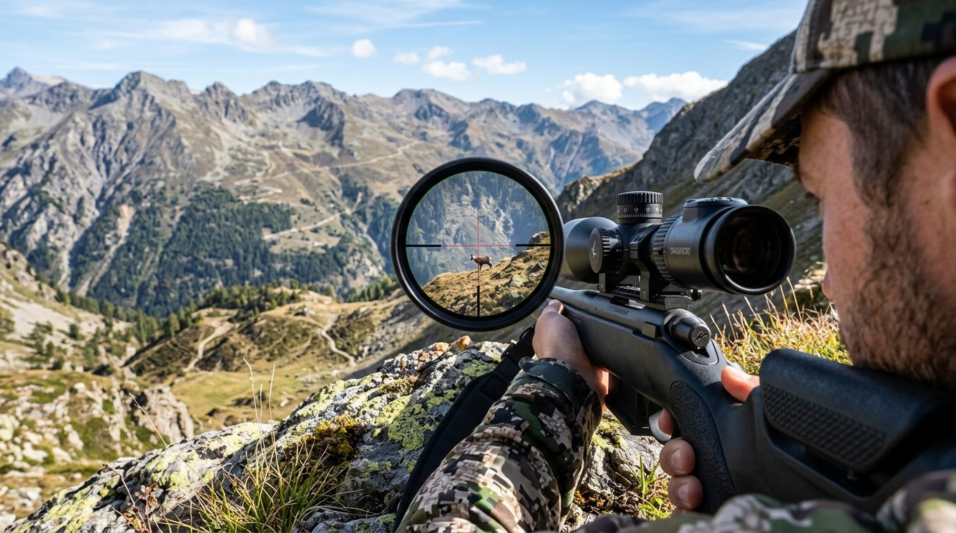 Vue à travers une lunette de tir sur une carabine de chasse en montagne
