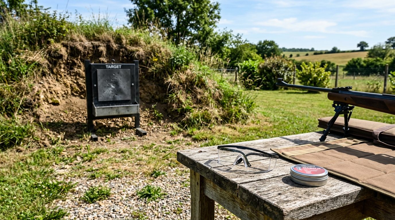 Installation sécurisée pour le tir à la carabine dans un jardin avec récupérateur de plombs
