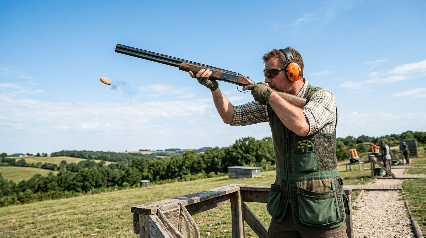 Tireur de ball-trap en pleine action visant un plateau d'argile en vol