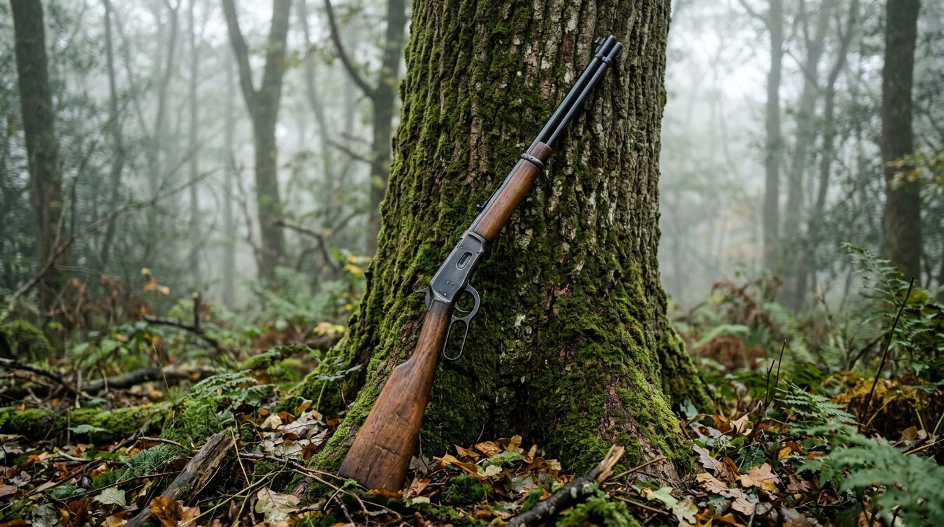 Carabine Winchester 94 légère et maniable posée contre un arbre en forêt lors d'une traque