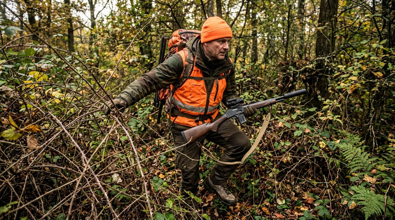 Chasseur en traque avec une carabine semi-automatique compacte