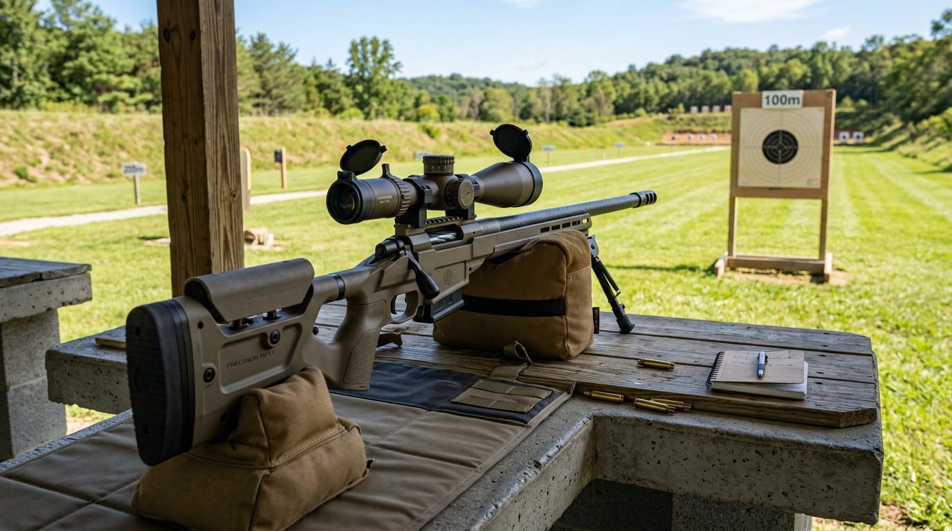 Carabine stabilisée sur des sacs de sable pour un tir de précision à 100 mètres