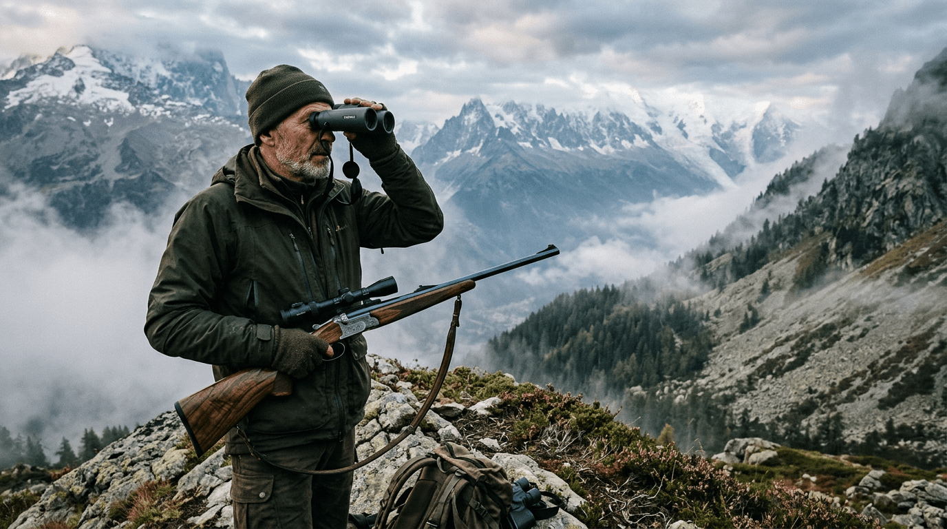 Chasseur en montagne avec une carabine kipplauf chambrée en .30 R Blaser