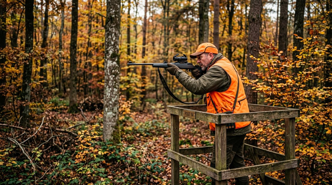 Chasseur en battue visant avec une carabine équipée d'un point rouge